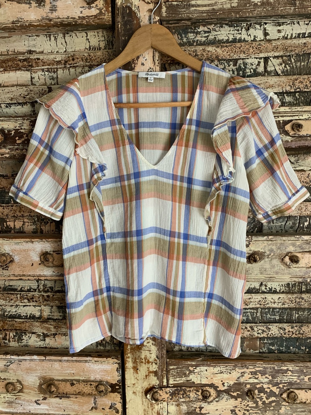 Madewell Plaid Ruffle Sleeve V-Neck Top, Cream Multi 100% Cotton Cottagecore, S